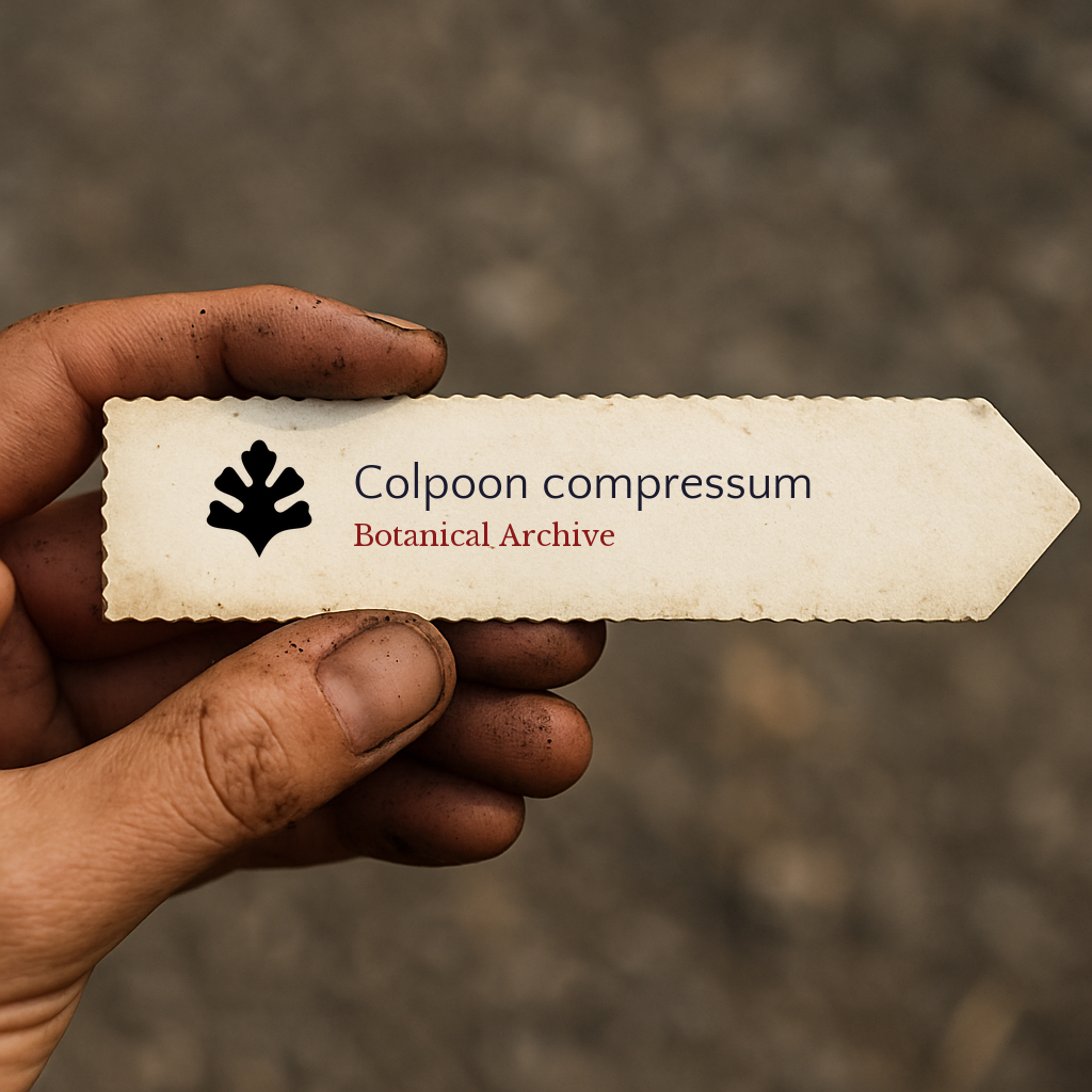 Printed plant label for Colpoon compressum held by dirty hand outdoors