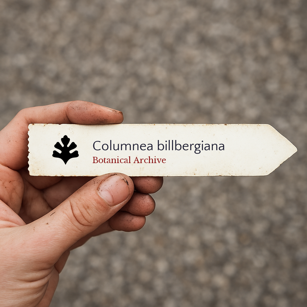 Etichetta per pianta stampata per Columnea billbergiana tenuta in mano con terra sulle dita