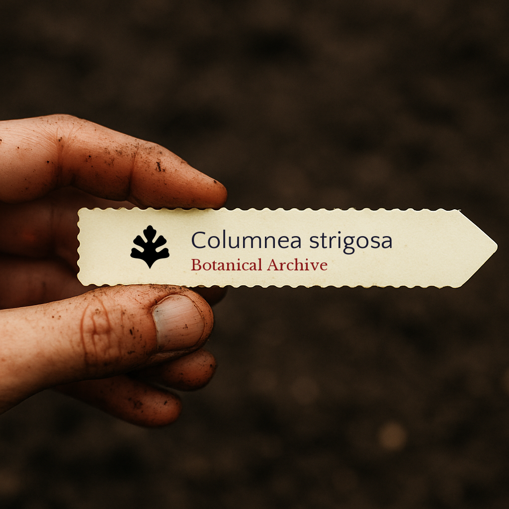 Printed plant label for Columnea strigosa held by dirty hand over soil background