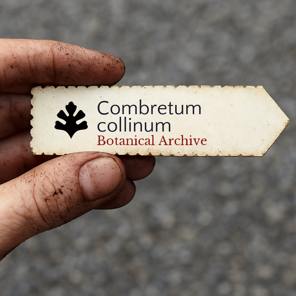 Etichetta archivio botanico stampata per Combretum collinum tenuta da mano sporca