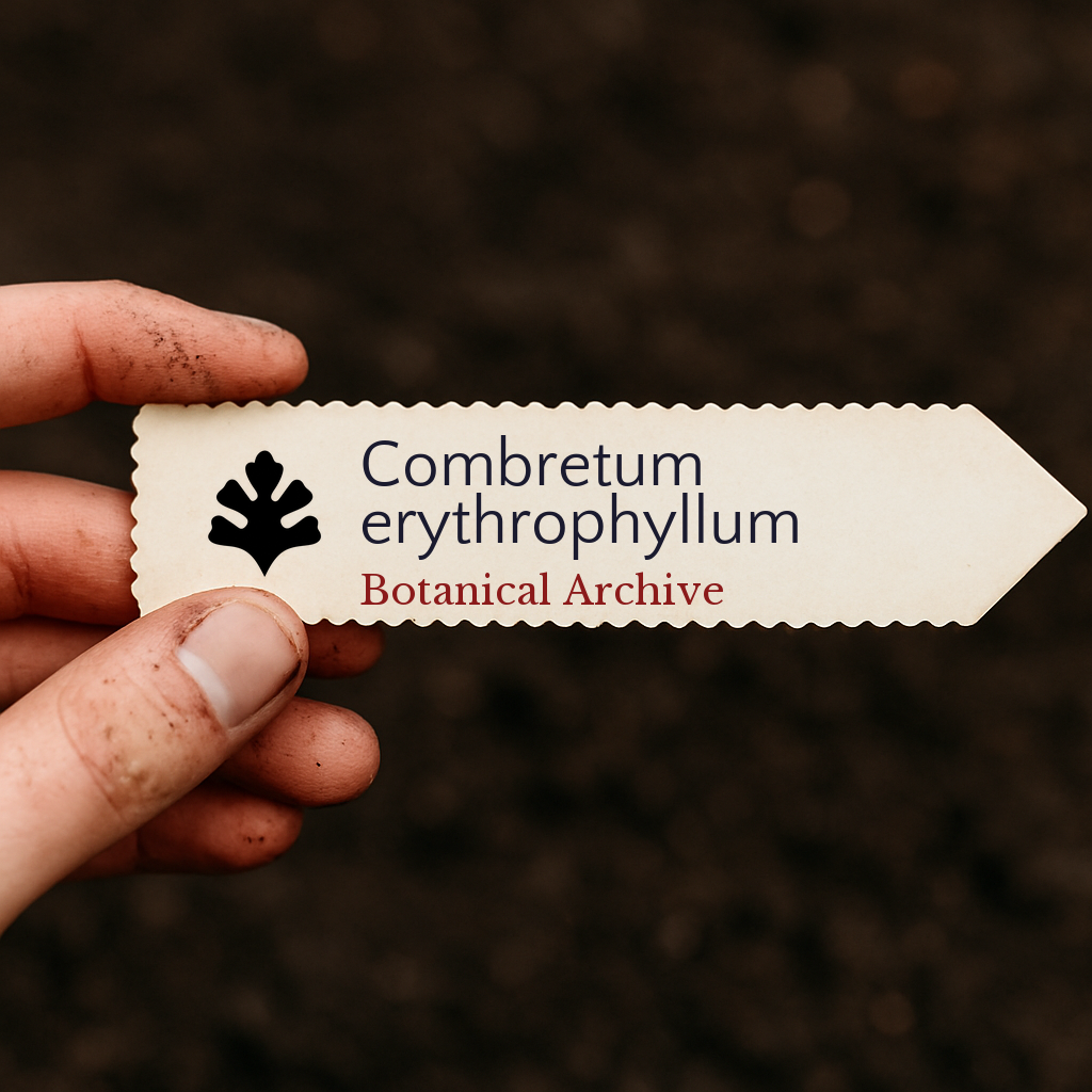 Printed plant label for Combretum erythrophyllum held by hand over soil background