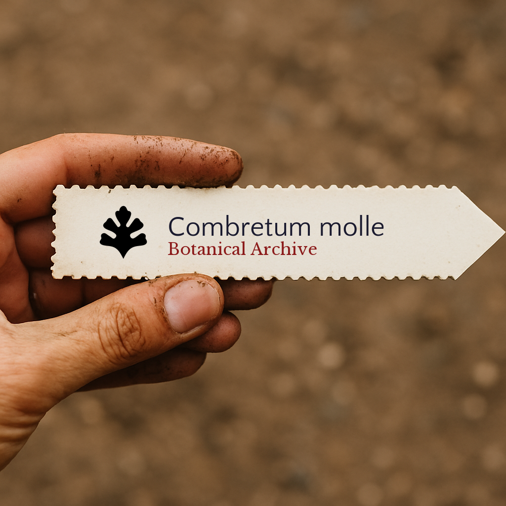 Printed plant label for Combretum molle held by dirty hand with soil background