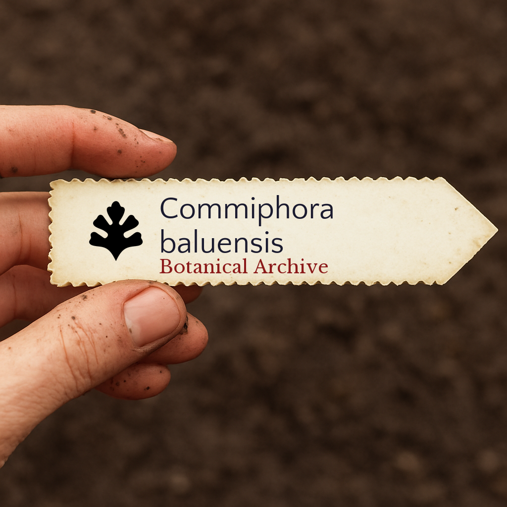 Printed plant label for Commiphora baluensis held over soil background