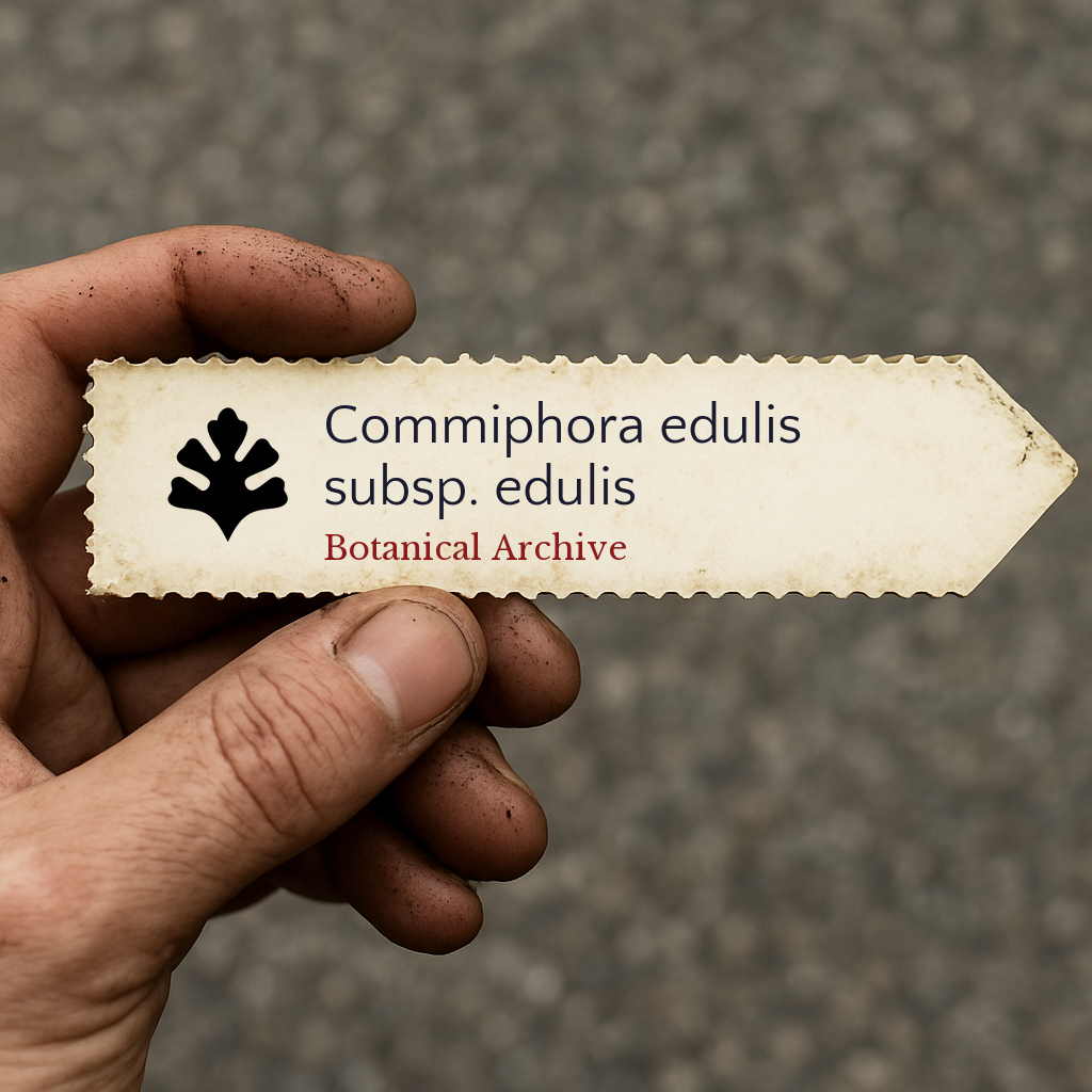 Printed plant label for Commiphora edulis subsp. edulis held in dirty hand outdoors