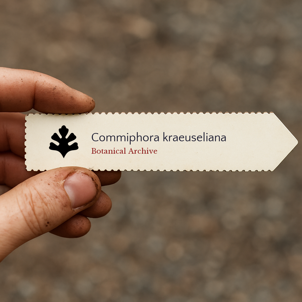 Etichetta a stampa per pianta di Commiphora kraeuseliana con logo di Botanical Archive tenuta a mano