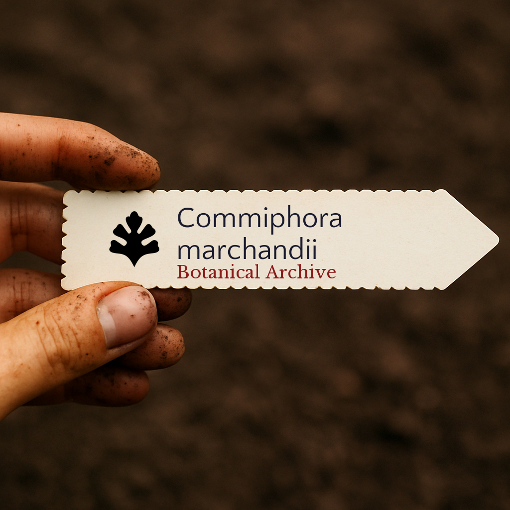 Etichetta stampata per pianta di Commiphora marchandii su sfondo di terreno