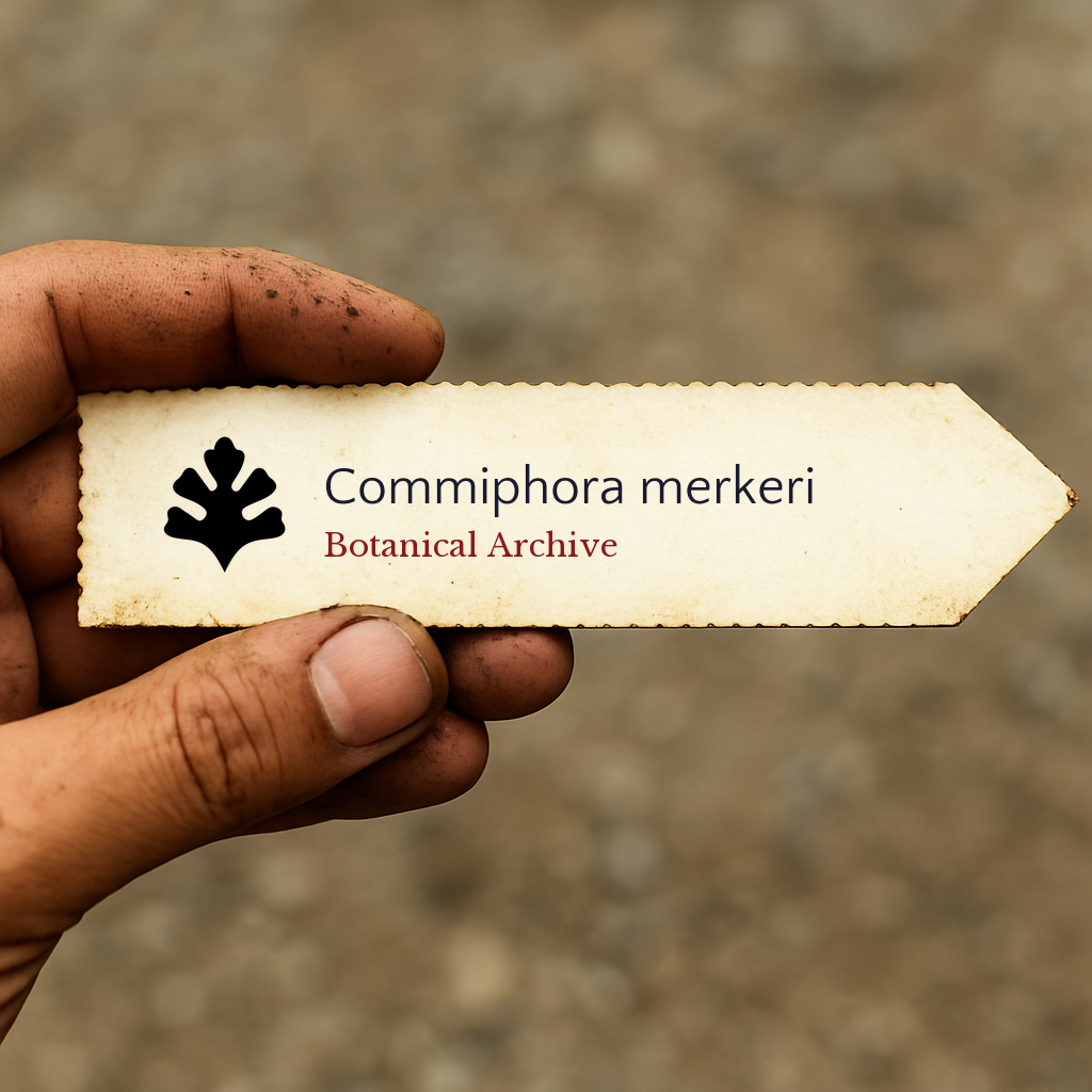 Etichetta stampata dell'archivio botanico per Commiphora merkeri tenuta da una mano sporca