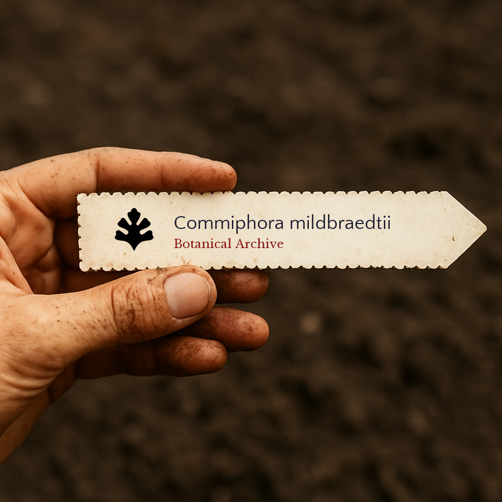 Printed plant label for Commiphora mildbraedtii held by hand over soil background