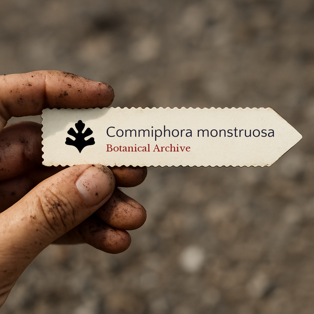 Etichetta stampata per pianta di Commiphora monstruosa tenuta da mano sporca all'aperto