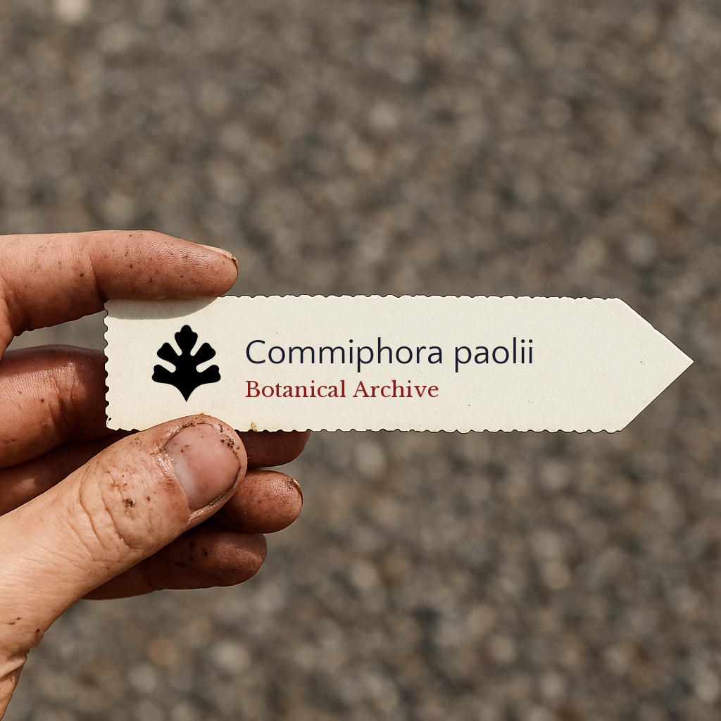 Etichetta per piante stampata per Commiphora paolii tenuta a mano con dita macchiate di terra
