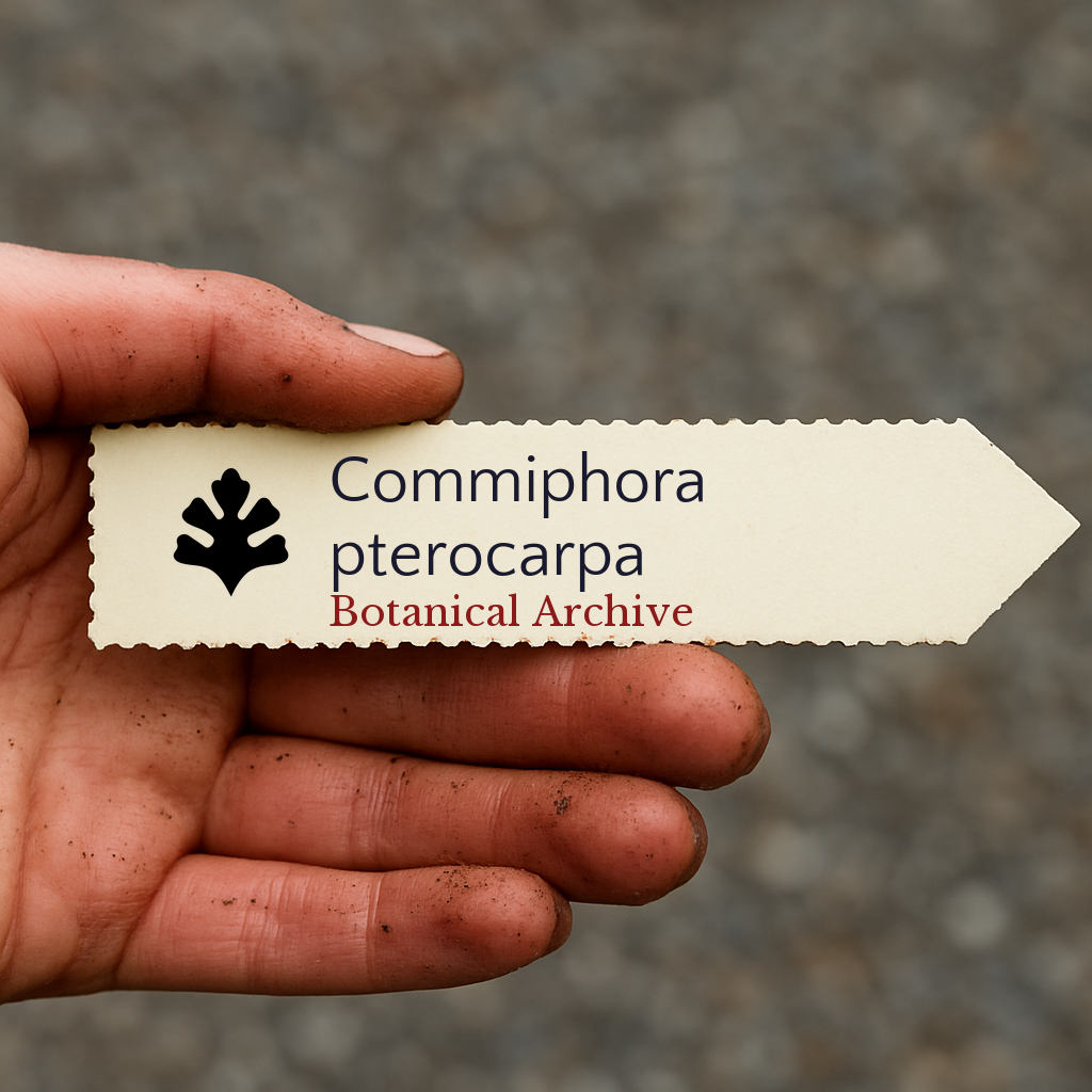 Etichetta stampata per pianta di Commiphora pterocarpa tenuta in una mano sporca di terra