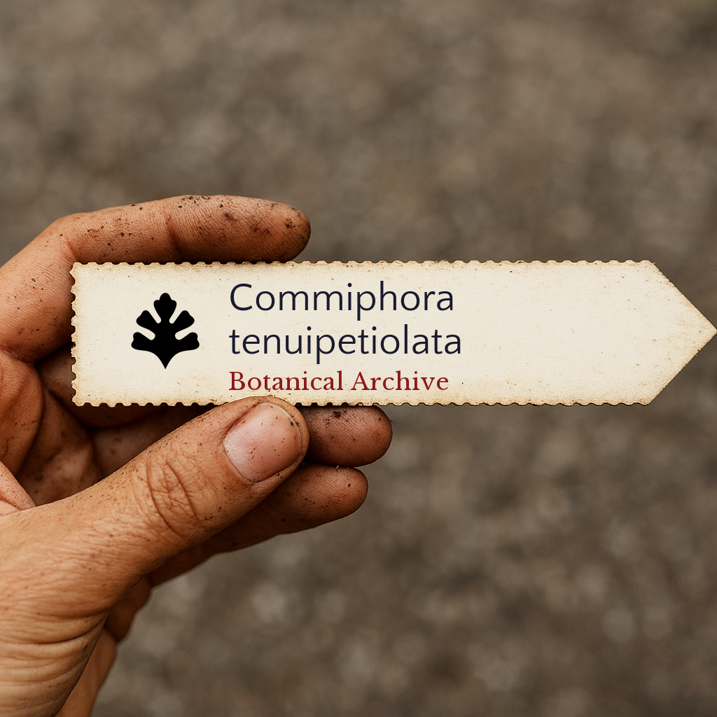 Printed plant label for Commiphora tenuipetiolata held by dirty hand outdoors