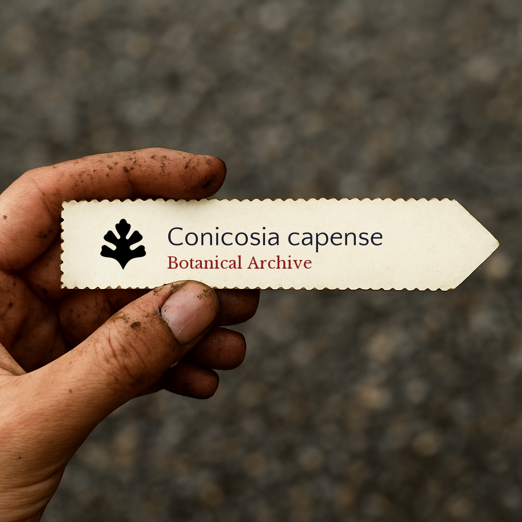 Printed plant label for Conicosia capense held in dirty hand against blurred background