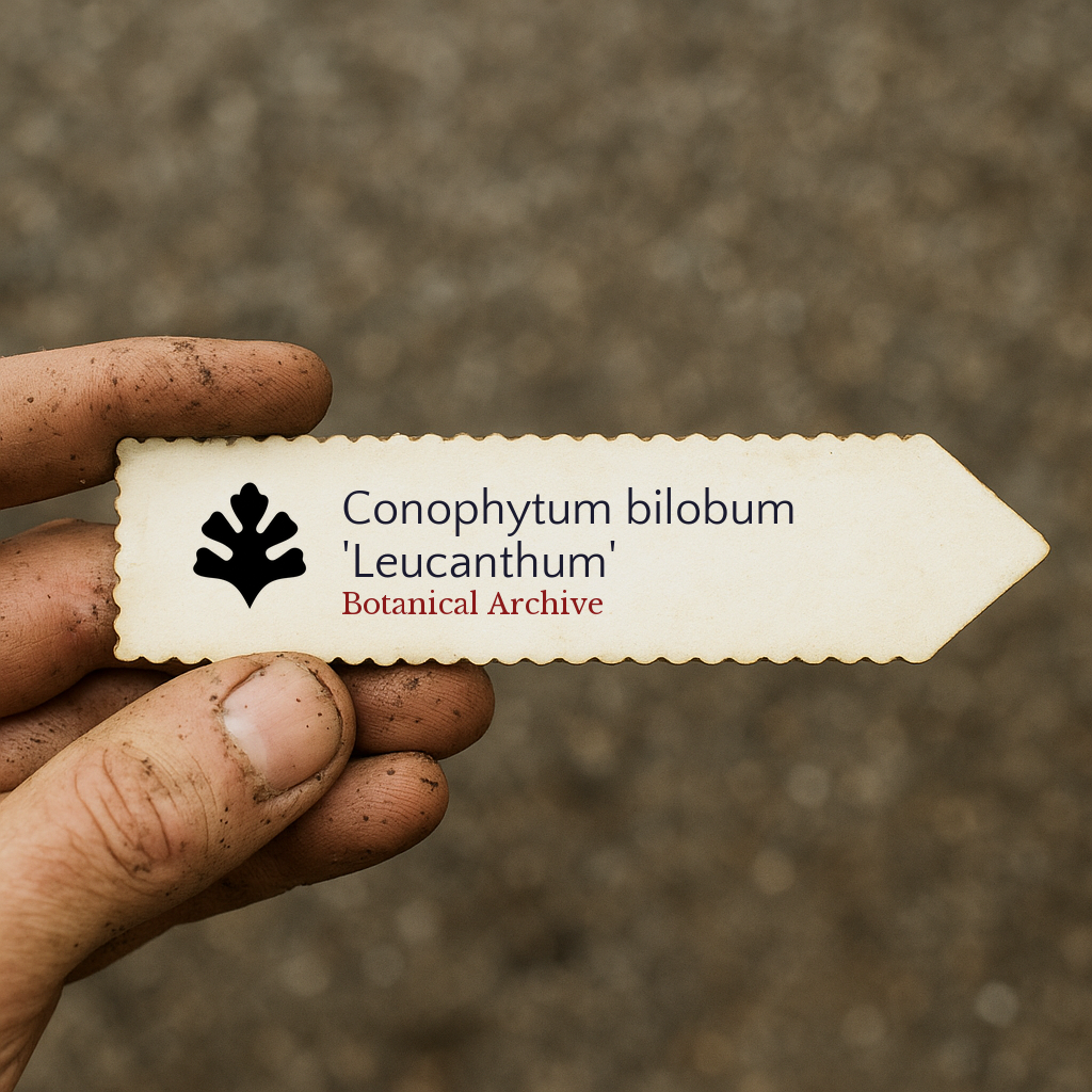 Etichetta piantina stampata per Conophytum bilobum 'Leucanthum' tenuta da mano sporca all'aperto