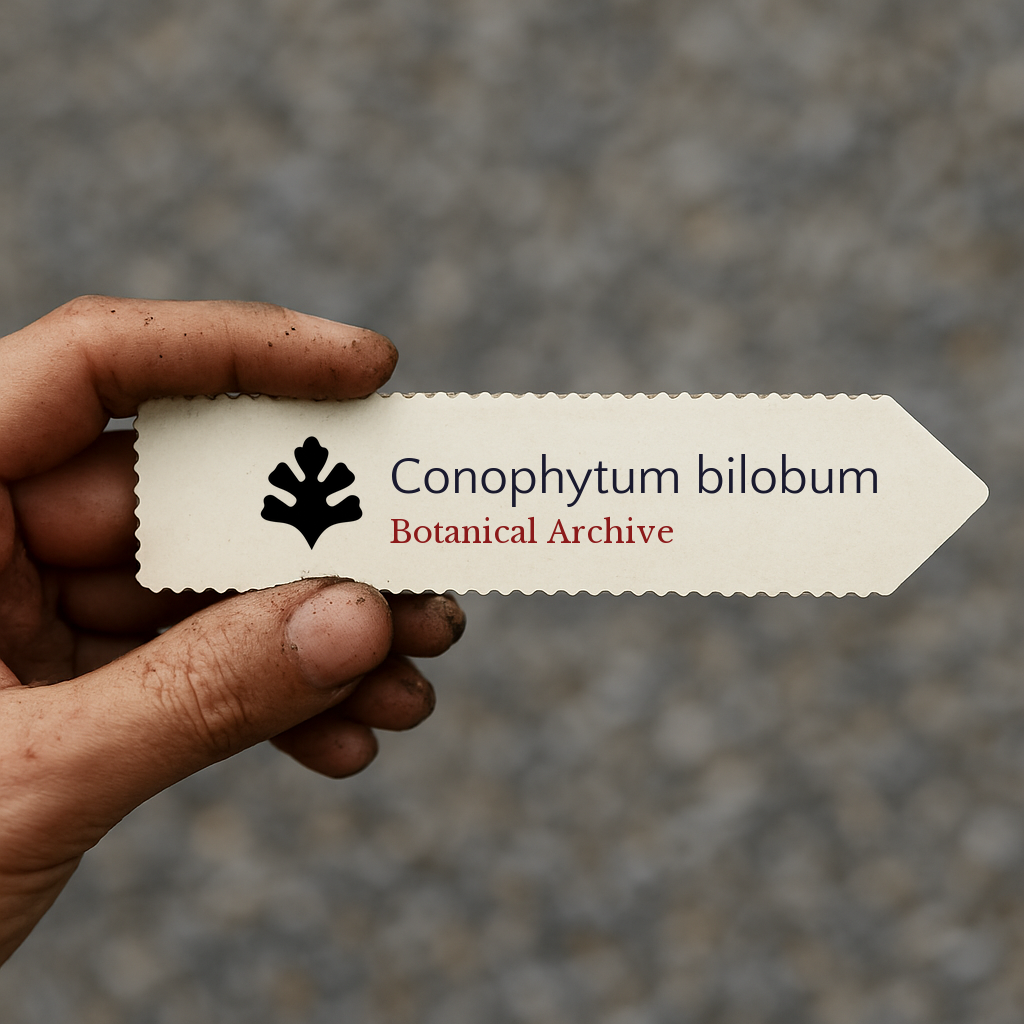 Printed plant label for Conophytum bilobum held by hand with dirt on fingers