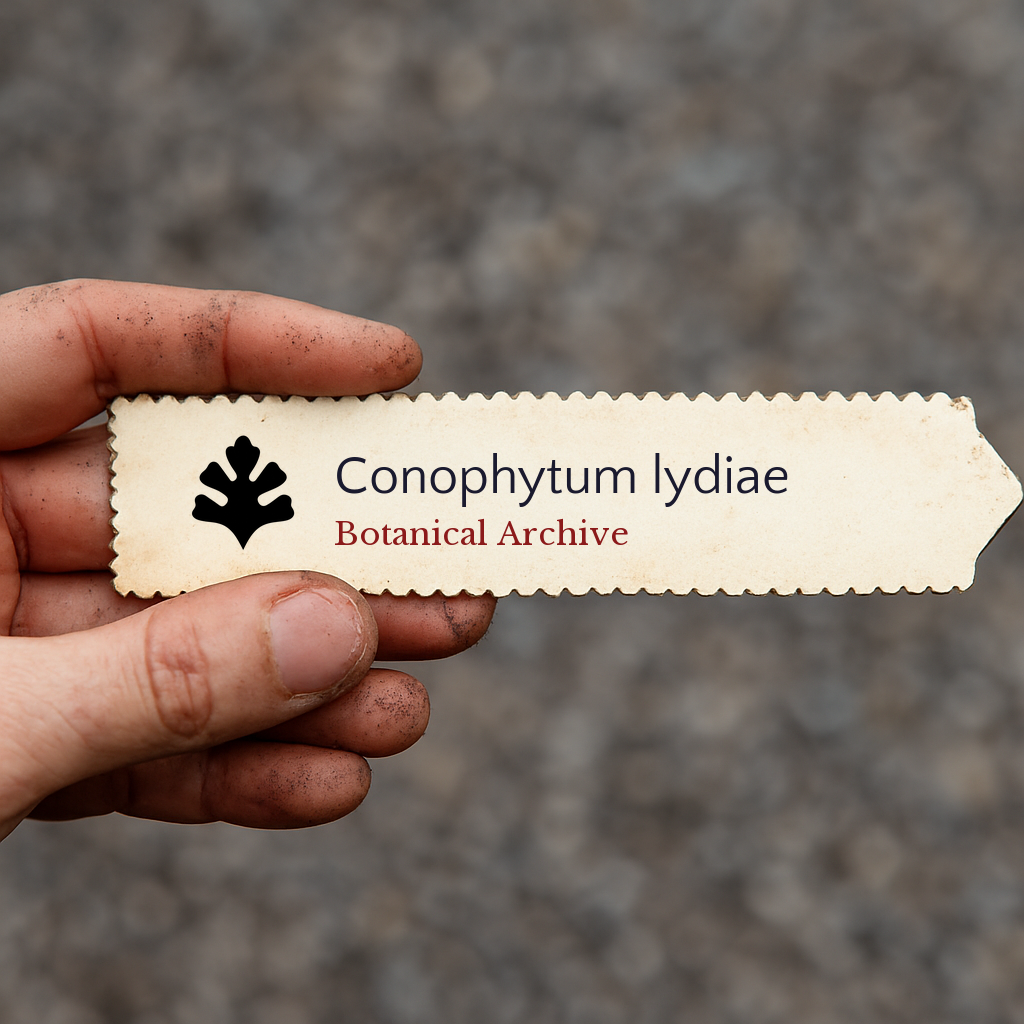 Printed plant label for Conophytum lydiae with botanical archive logo held by hand