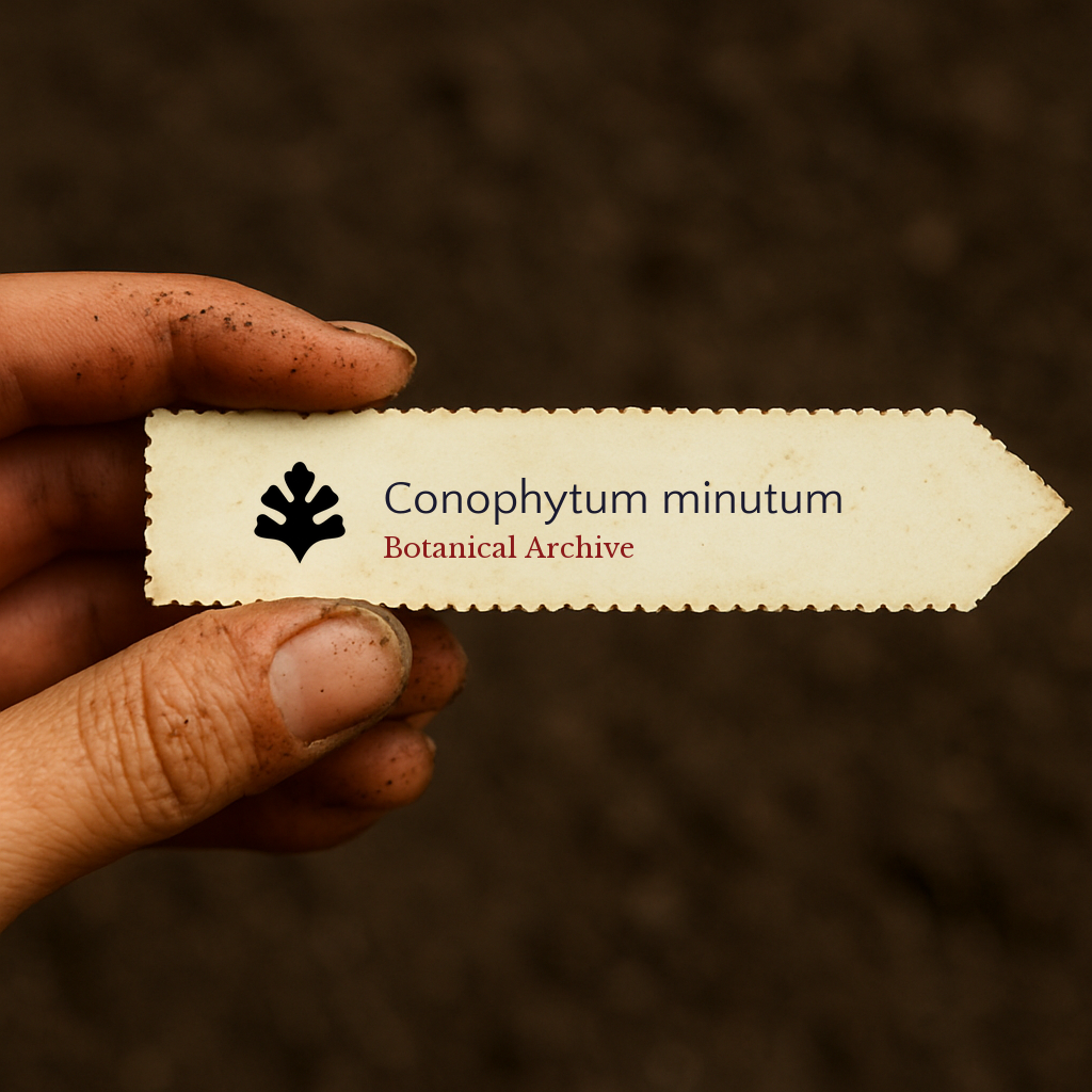 Etichetta stampata per pianta di Conophytum minutum tenuta da mano sporca su sfondo di terreno