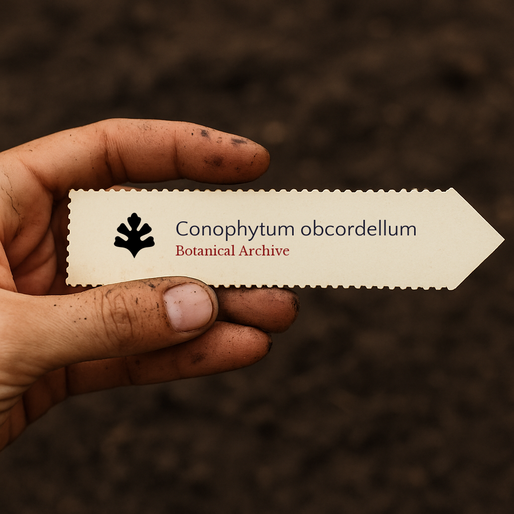 Printed plant label for Conophytum obcordellum held by dirty hand over soil background