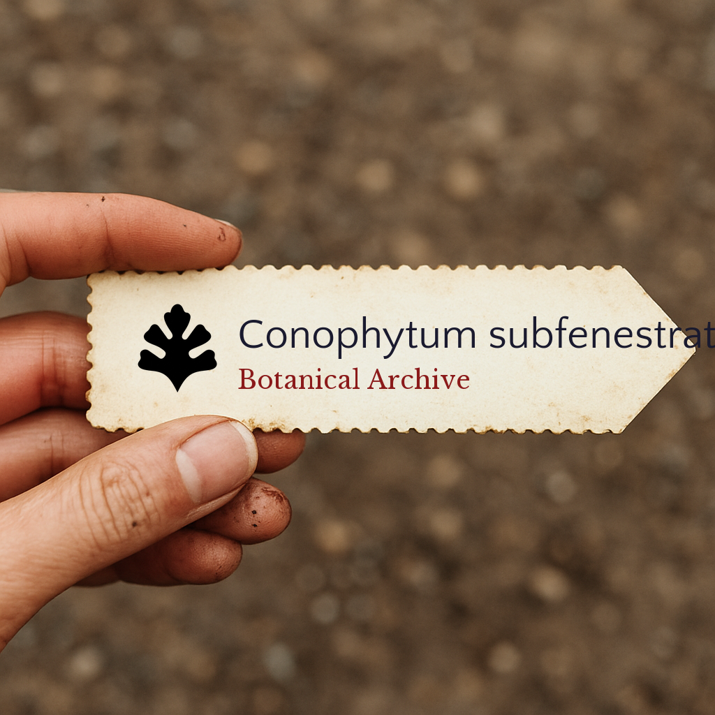 Printed plant label for Conophytum subfenestratum held by hand over soil background