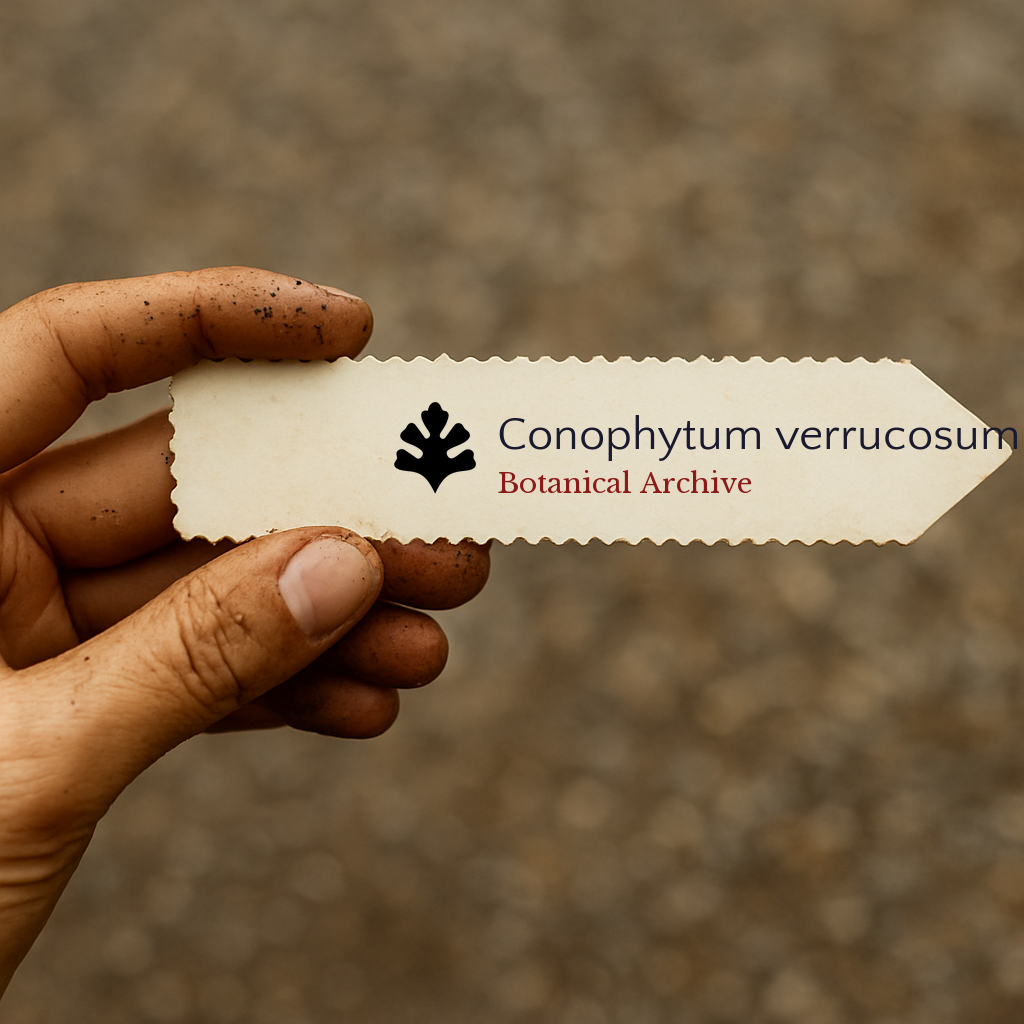 Printed plant label for Conophytum verrucosum held in hand with soil-stained fingers