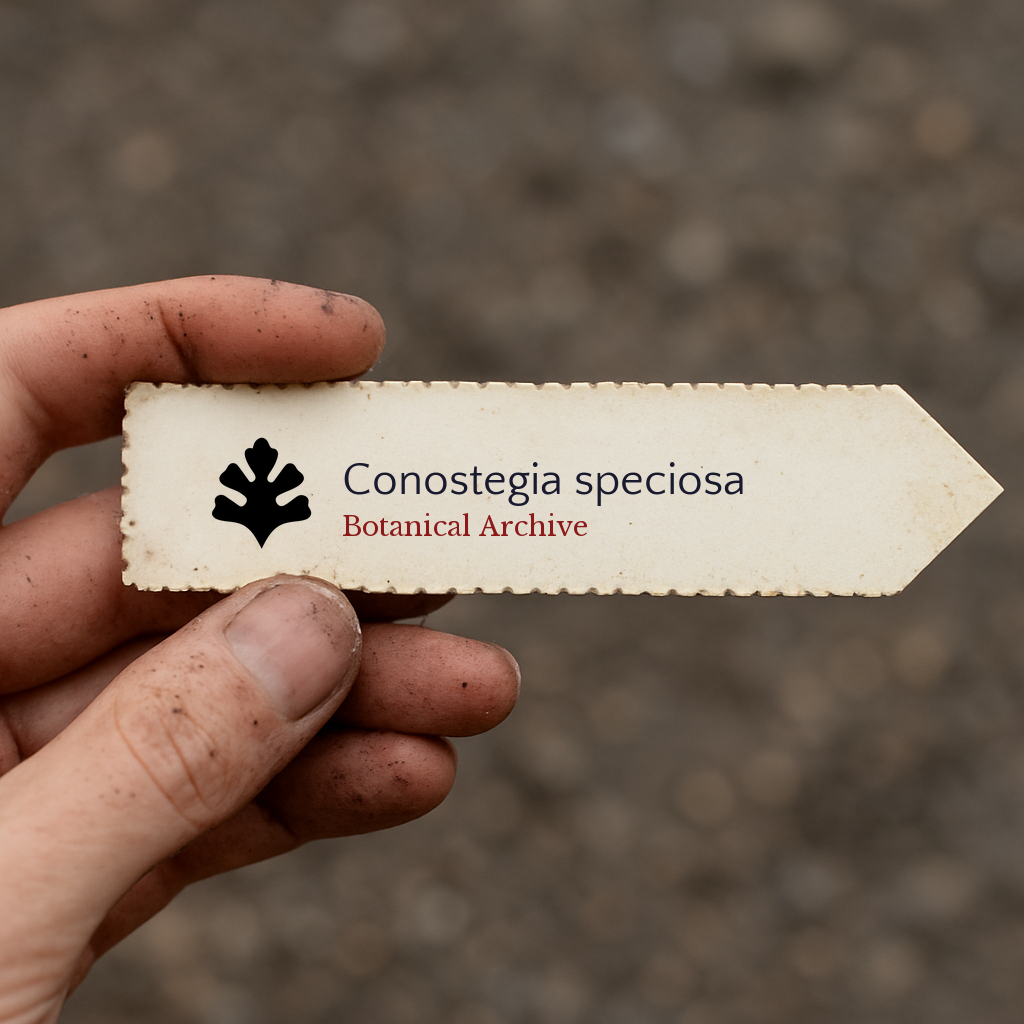 Etichetta per pianta stampata per Conostegia speciosa con logo Botanical Archive tenuta a mano