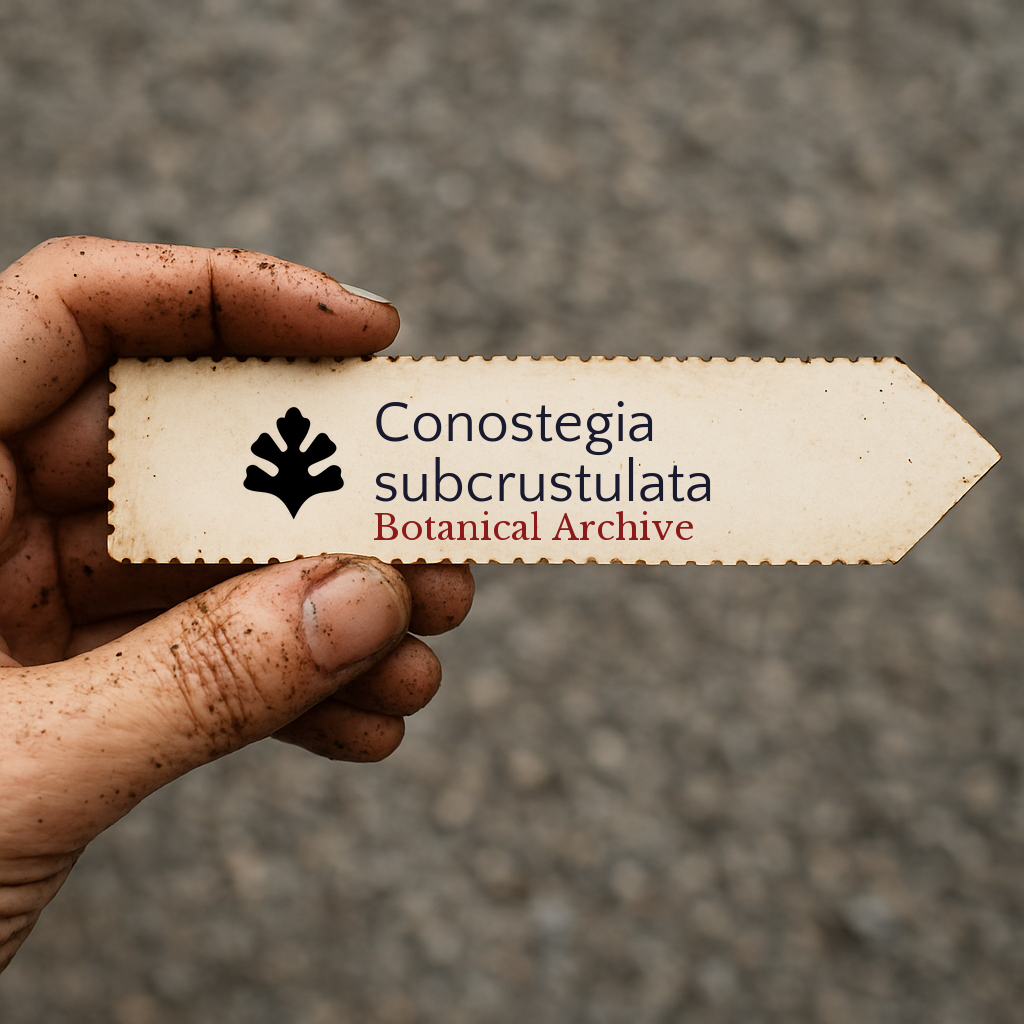 Printed plant label for Conostegia subcrustulata held by hand with dirt background