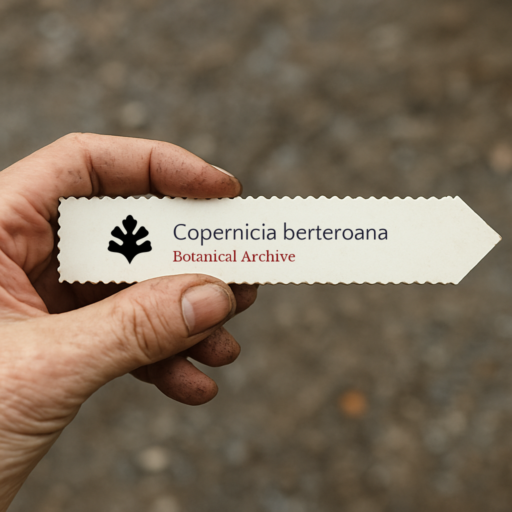 Etichetta stampata per pianta di Copernicia berteroana tenuta a mano con sfondo di terra