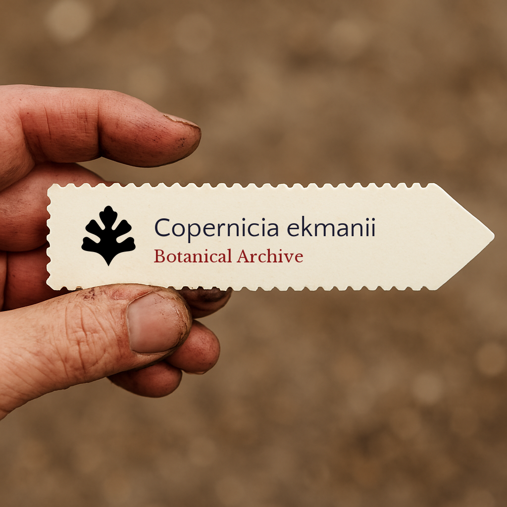 Printed plant label for Copernicia ekmanii held by dirty hand with blurred soil background