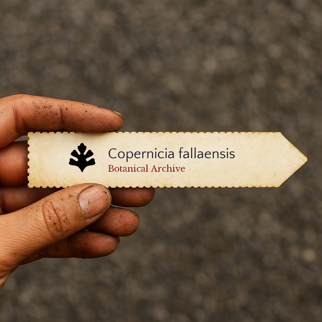 Printed plant label for Copernicia fallaensis held by dirty hand against blurred background