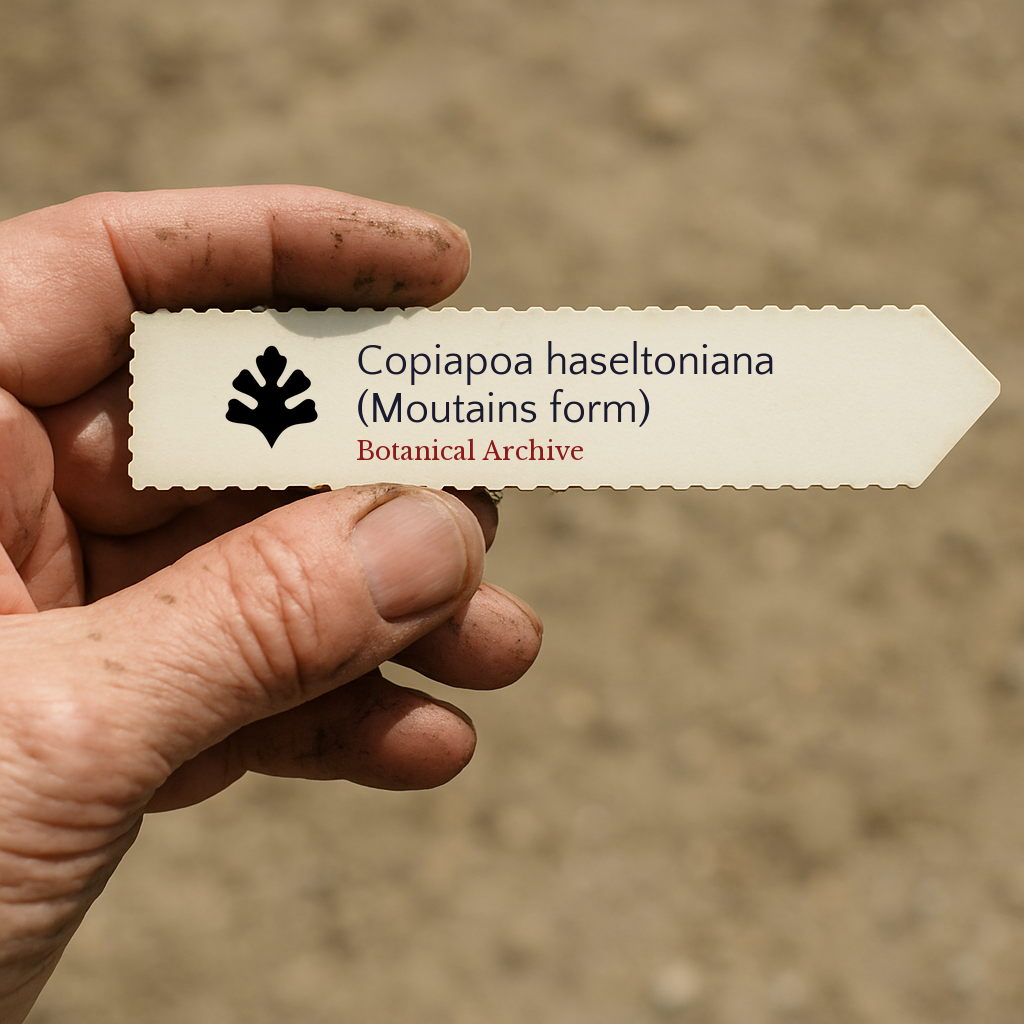 Printed plant label for Copiapoa haseltoniana held by hand with dirt background