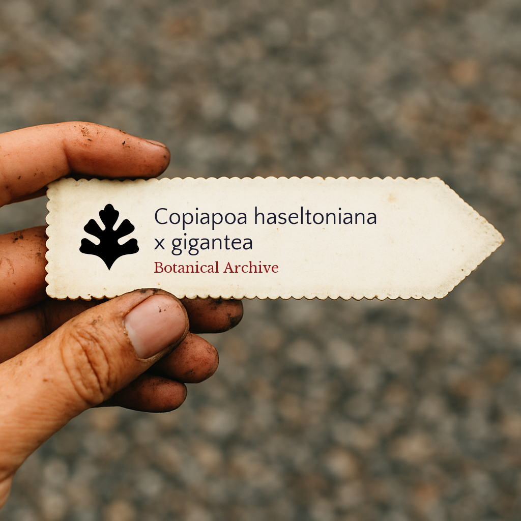 Printed plant label for Copiapoa haseltoniana x gigantea held by hand with dirt background