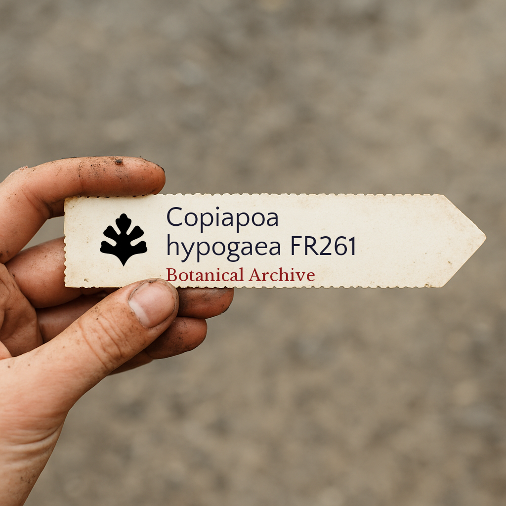 Printed plant label for Copiapoa hypogaea FR261 held by hand with dirt background