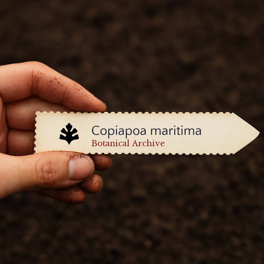 Printed plant label for Copiapoa maritima held over dark soil background