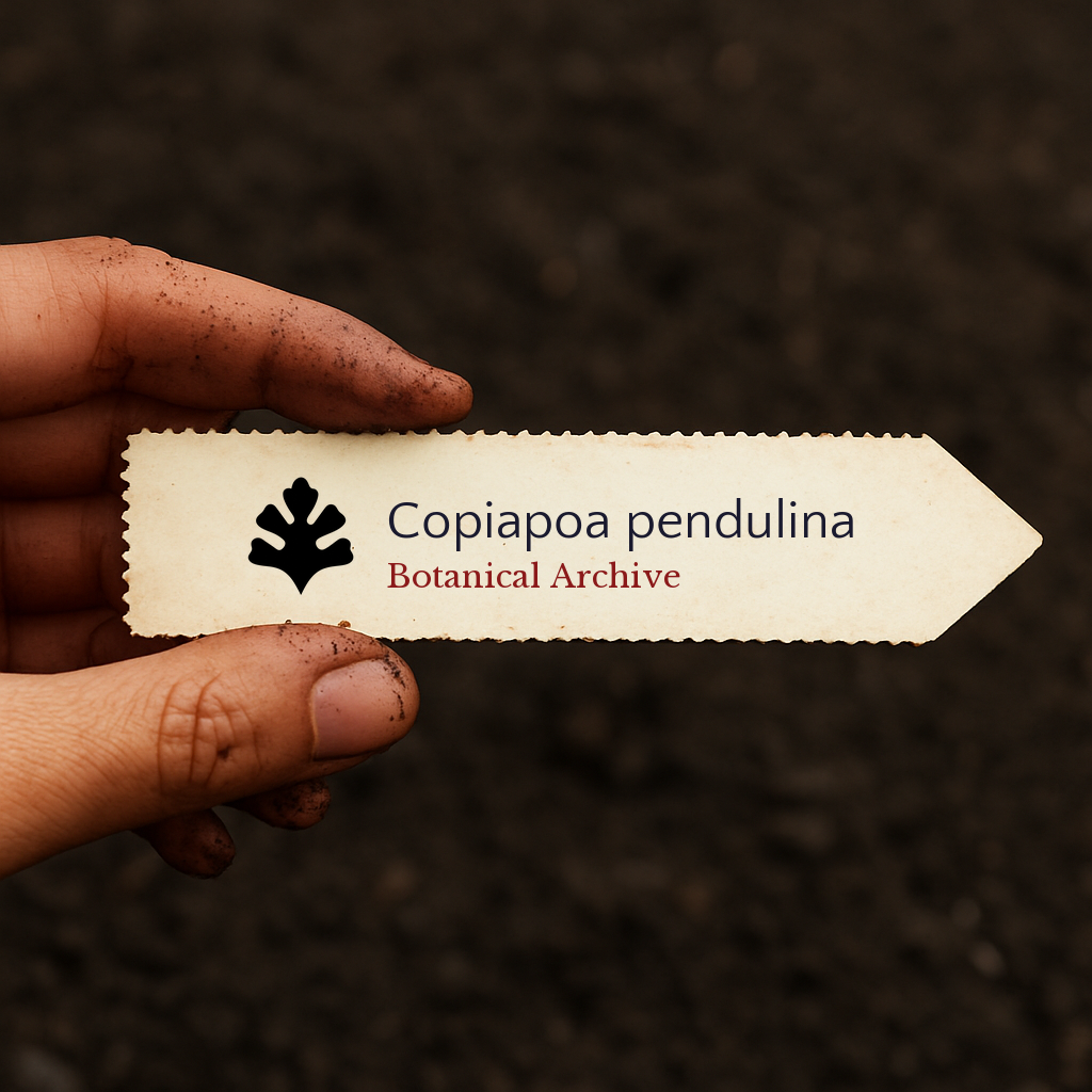 Etichetta per pianta stampata per Copiapoa pendulina tenuta in mano con sfondo di terra