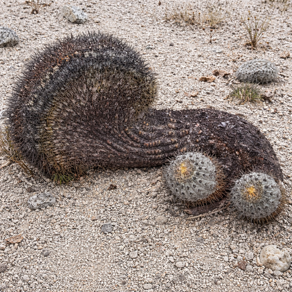 Copiapoa calderana raro cactus a forma crestata con crescita spinosa e curva su terreno ghiaioso