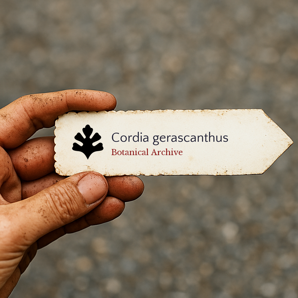 Printed plant label for Cordia gerascanthus with botanical archive logo held in hand