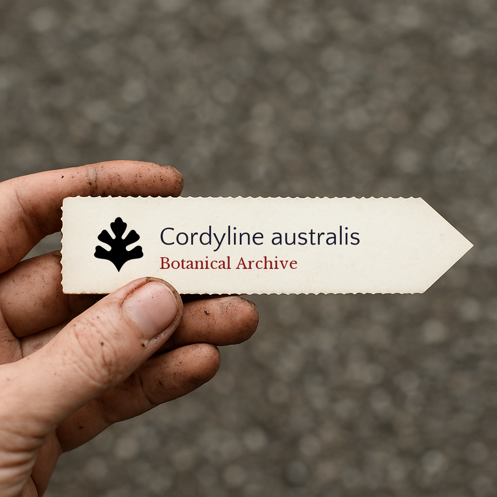 Printed plant label for Cordyline australis held by dirty hand on blurred background