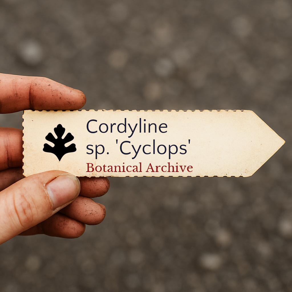 Etichetta per pianta di Cordyline sp. 'Cyclops' tenuta a mano con sfondo di terra