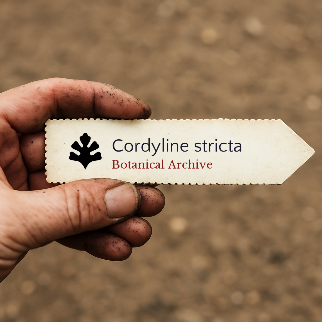 Etichetta stampata per pianta di Cordyline stricta tenuta da mano sporca con sfondo di terreno