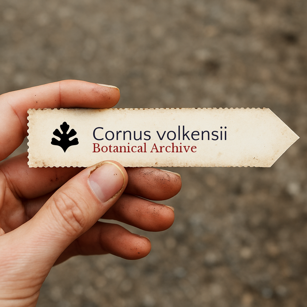 Printed plant label for Cornus volkensii held by hand with soil-stained fingers