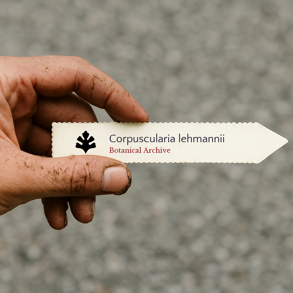 Printed plant label for Corpuscularia lehmannii held by dirty hand outdoors