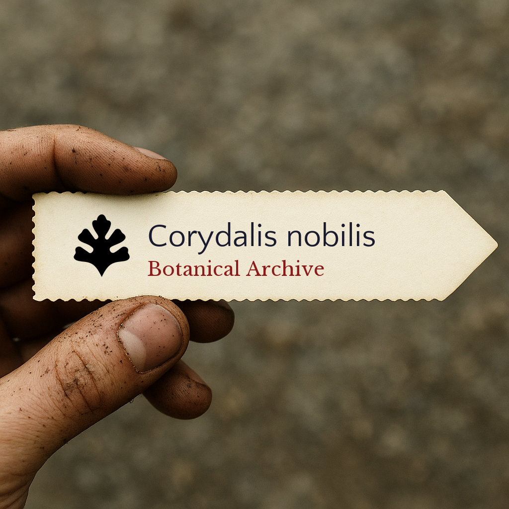 Printed plant label for Corydalis nobilis with botanical archive logo held by dirty hand