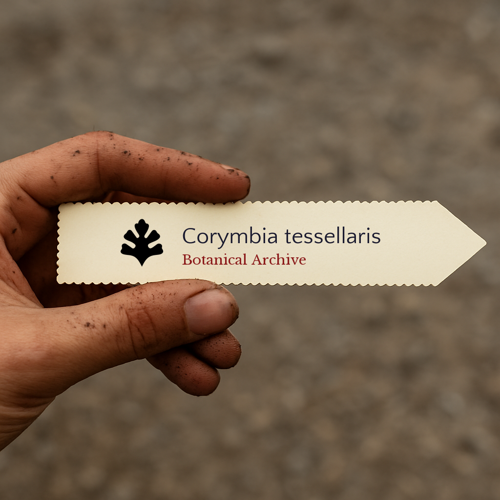 Printed plant label for Corymbia tessellaris held by hand with soil stains