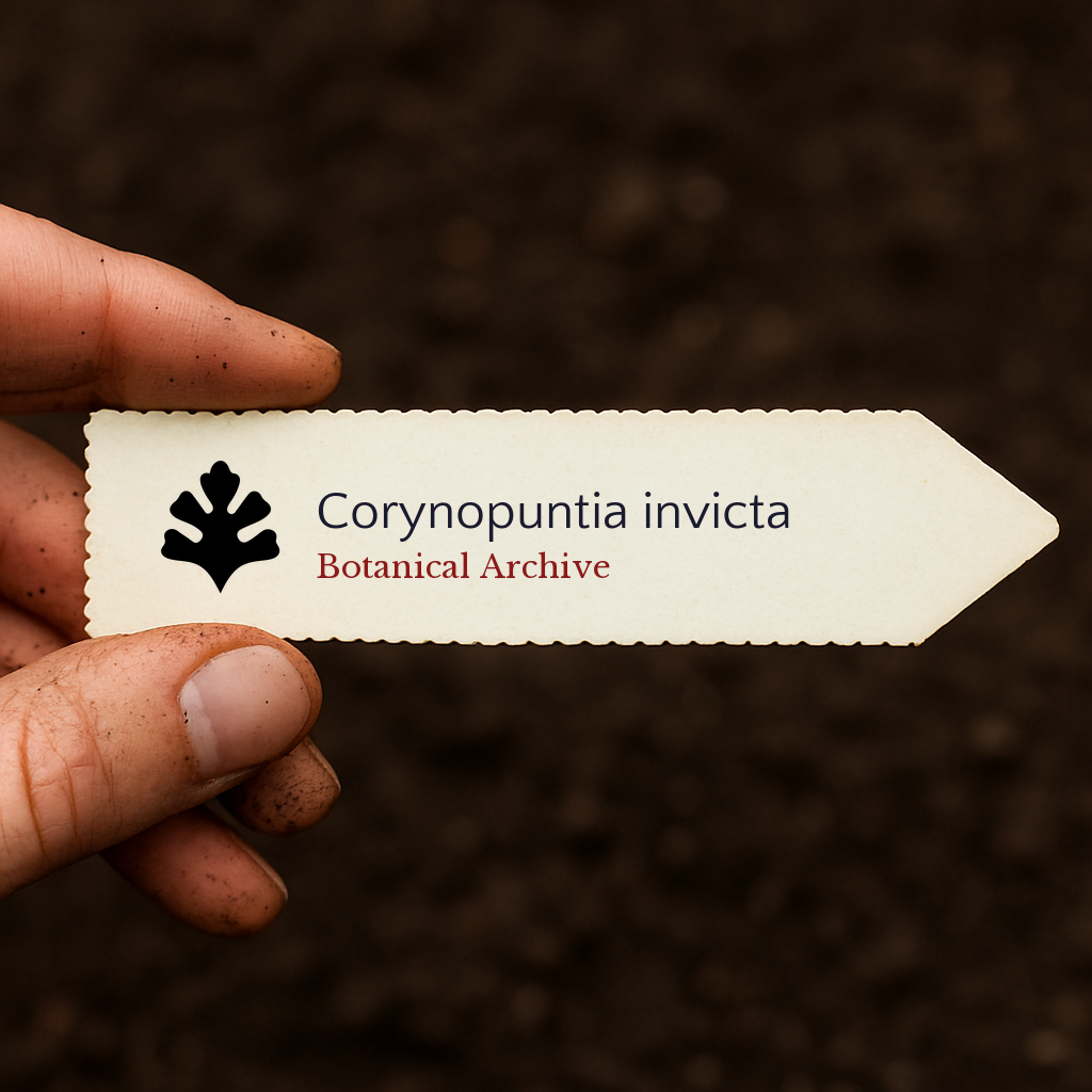 Printed plant label for Corynopuntia invicta held over soil background