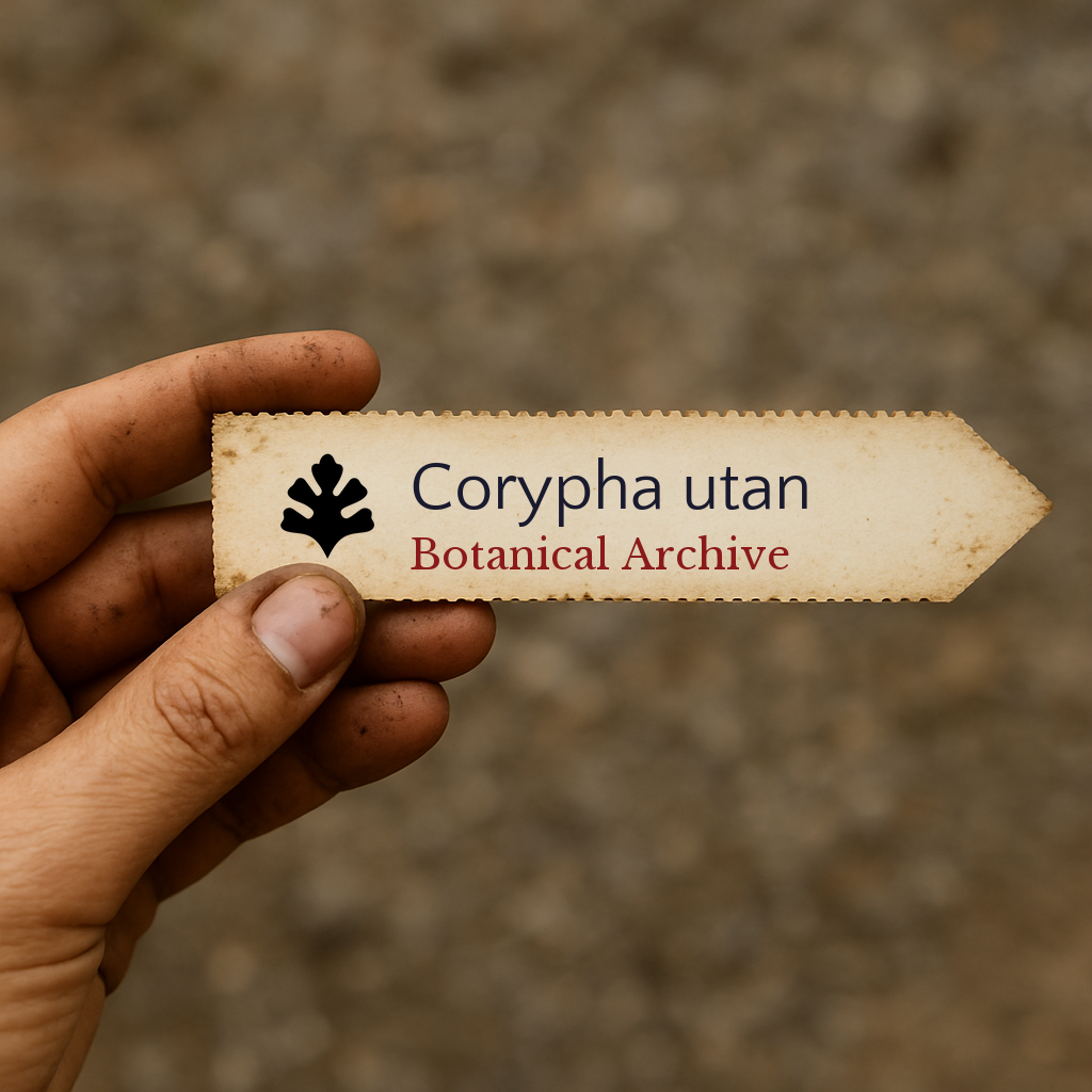 Etichetta stampata per piante di Corypha utan tenuta in mano con sfondo di terra