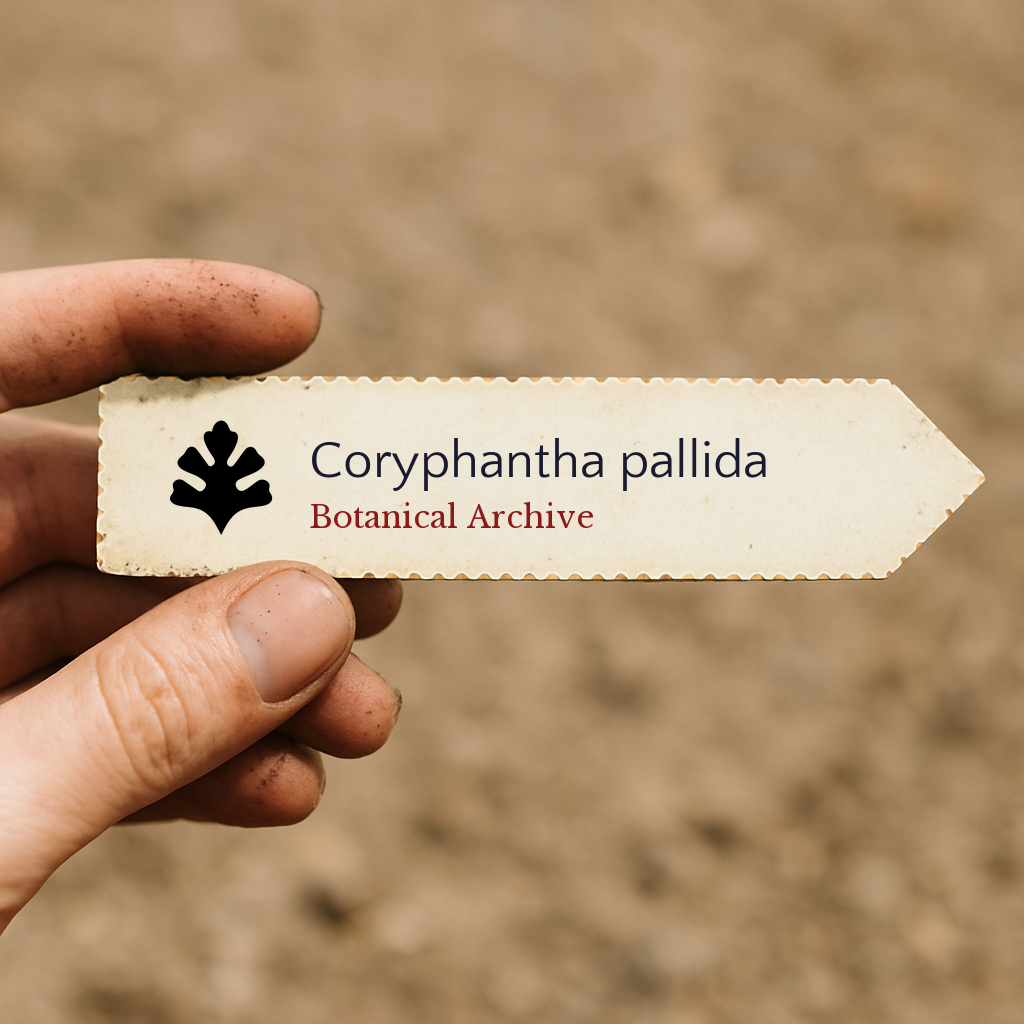 Etichetta per pianta stampata per Coryphantha pallida tenuta a mano su sfondo di terreno