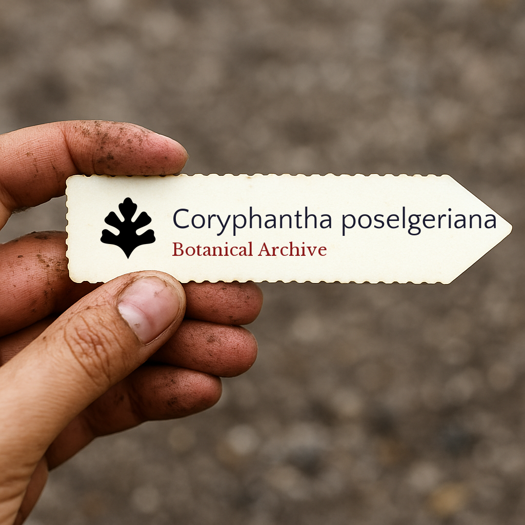 Printed plant label for Coryphantha poselgeriana held by hand with soil background
