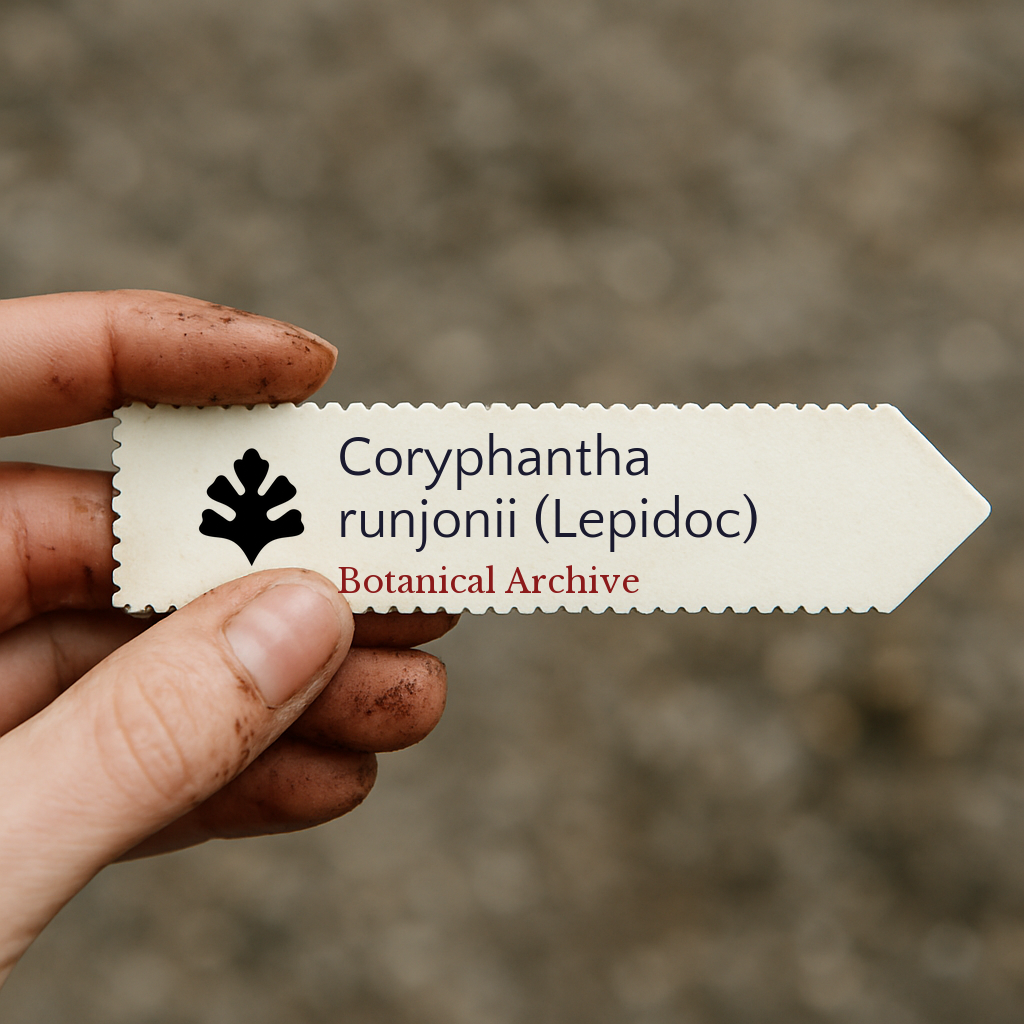 Etichetta per piante stampata per Coryphantha runjonii (Lepidoc) tenuta a mano con sfondo di terreno