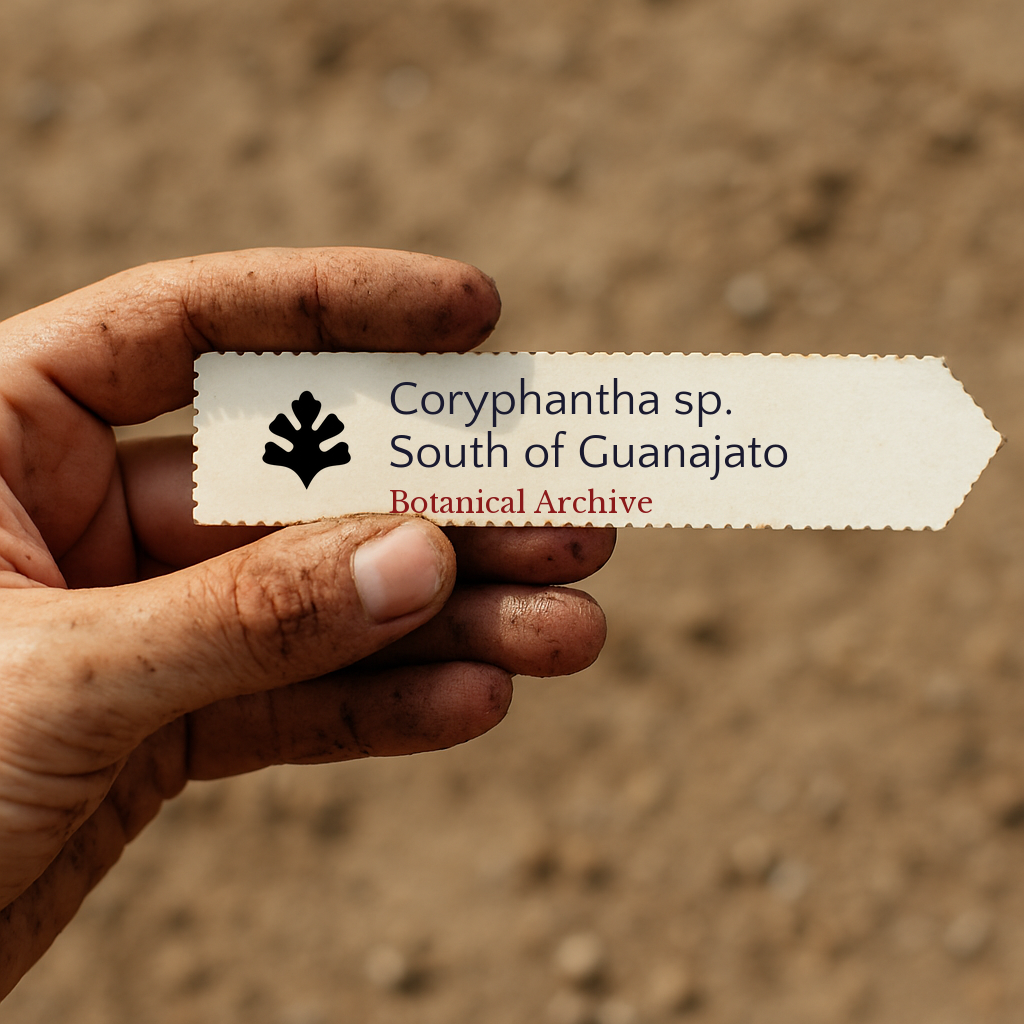 Printed plant label for Coryphantha sp. South of Guanajato held by dirty hand outdoors