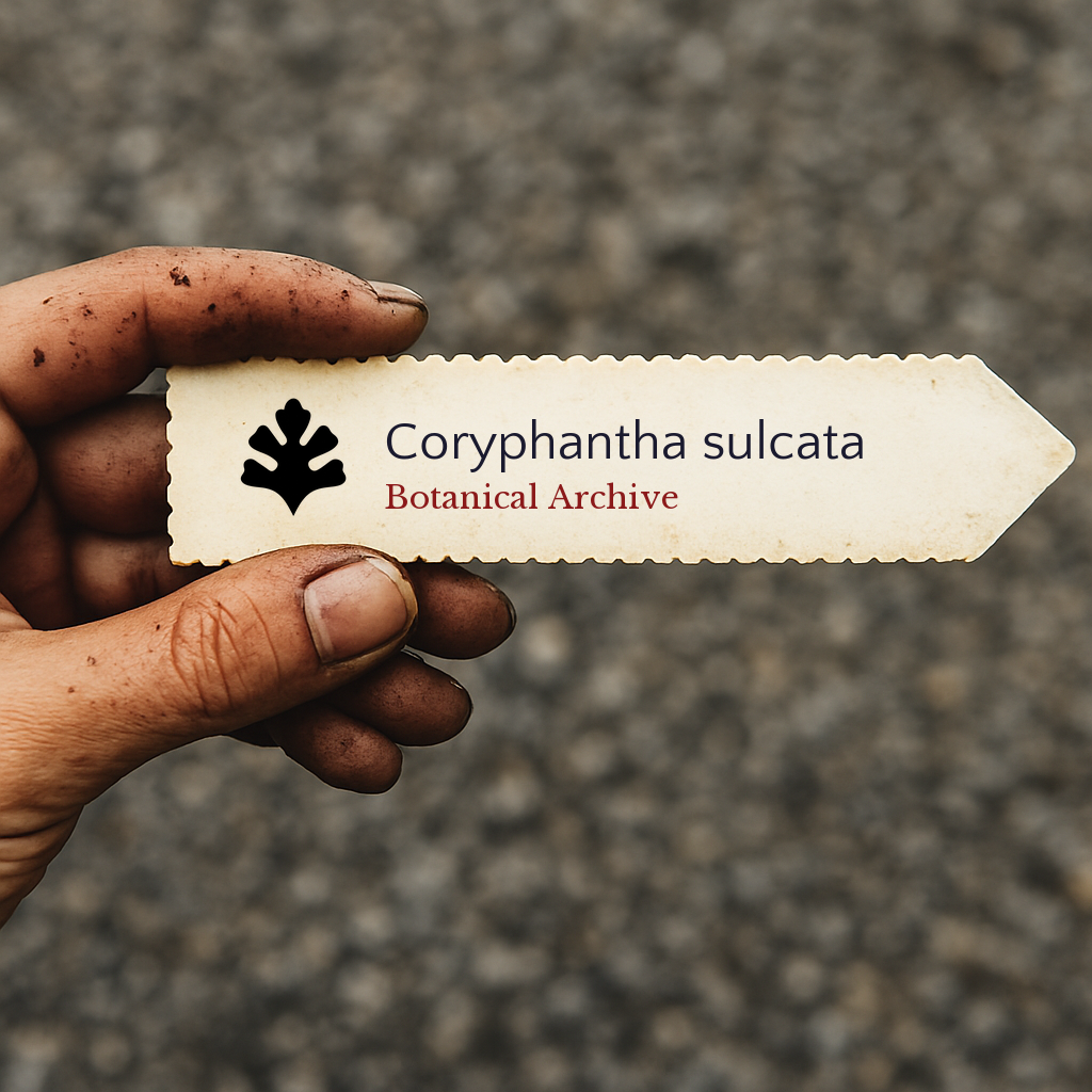 Etichetta stampata per pianta di Coryphantha sulcata tenuta da mano sporca all'aperto